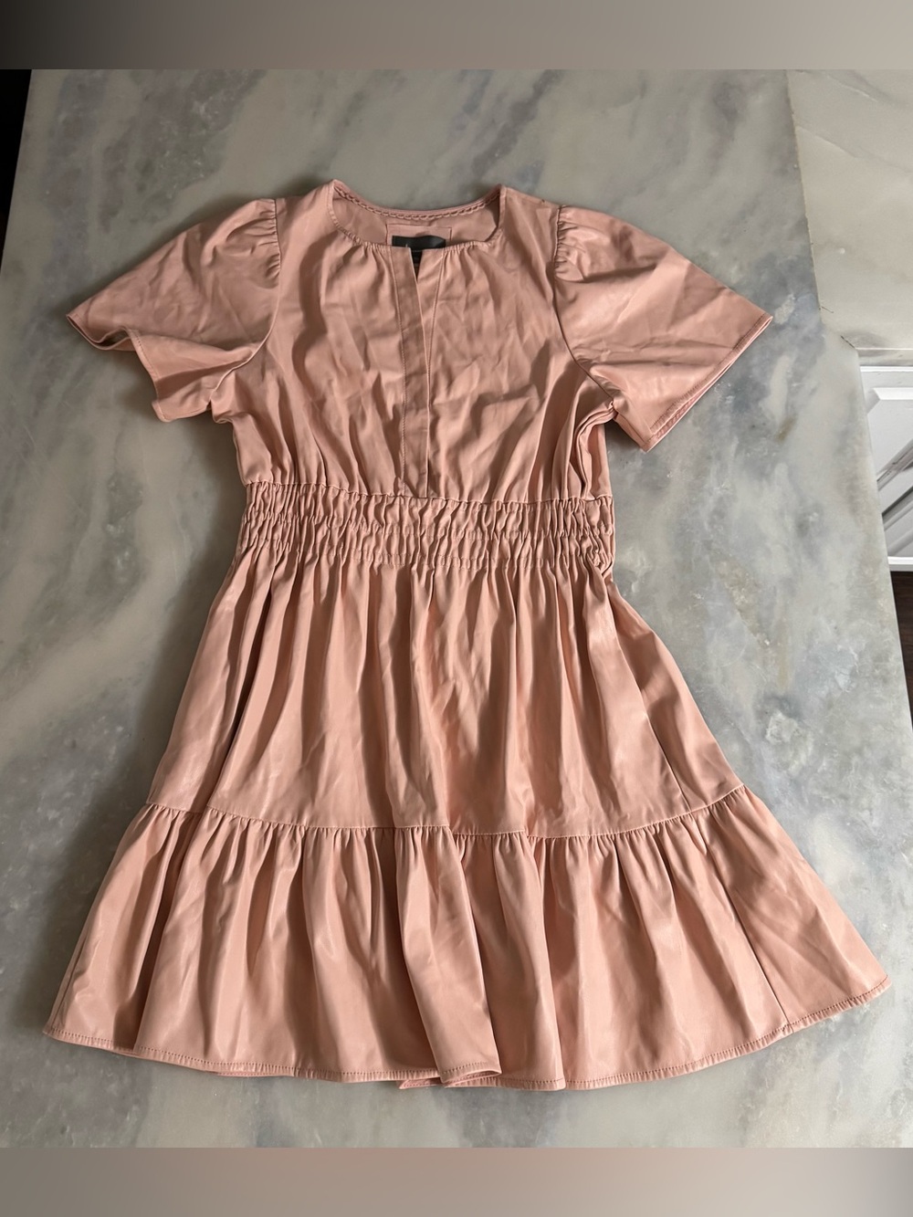Anthropologie The Somerset Mini Dress Faux Leather Smocked Waist Puff Sleeves